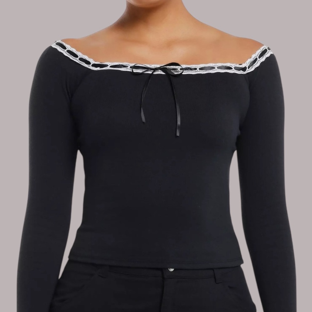 Just Polly Women’s Medium Black Long-Sleeve Off-Shoulder Top with Lace Trim NWT - Picture 2 of 5